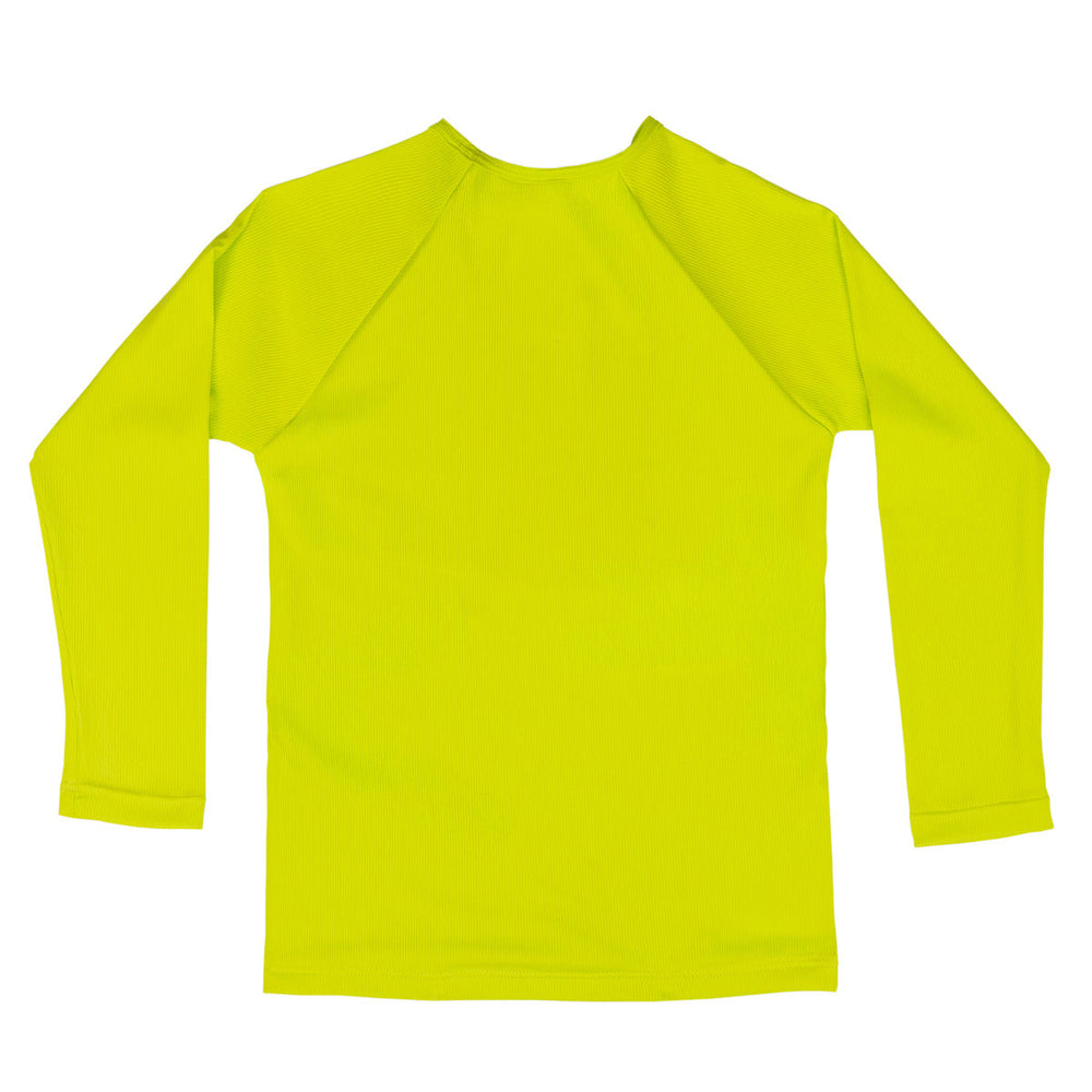 UV protective long sleeve rash top in neon green/yellow. Back.