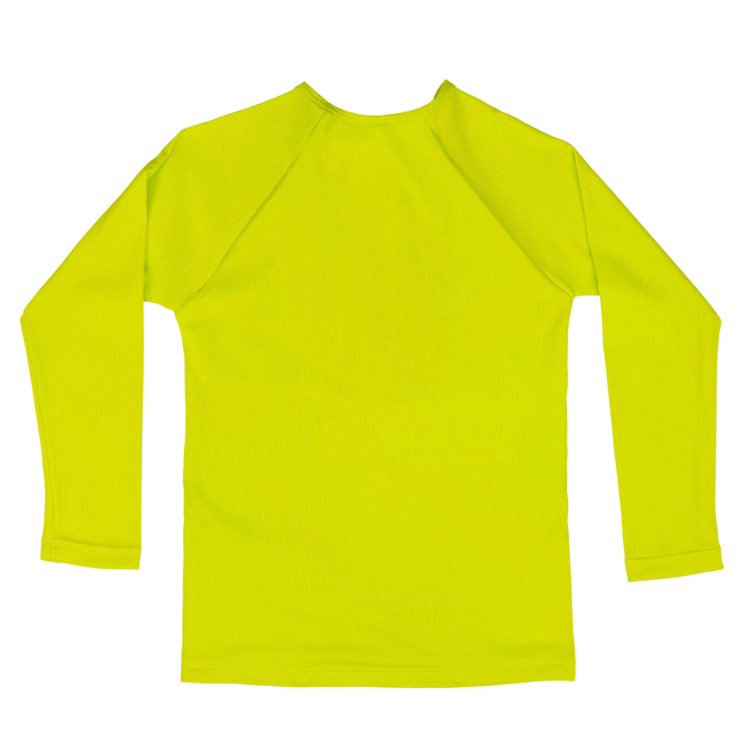 UV protective long sleeve rash top in neon green/yellow. Back.