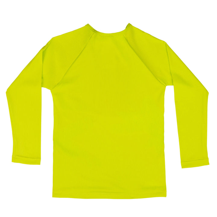 UV protective long sleeve rash top in neon green/yellow. Back.