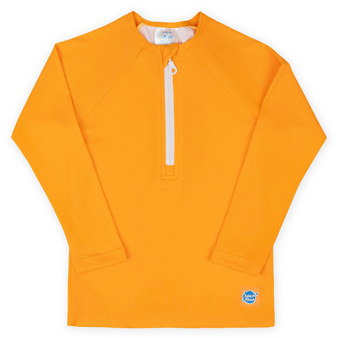UV protective long sleeve rash top in neon orange. Front.