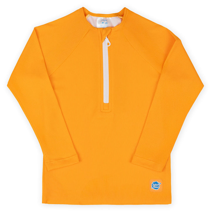 UV protective long sleeve rash top in neon orange. Front.