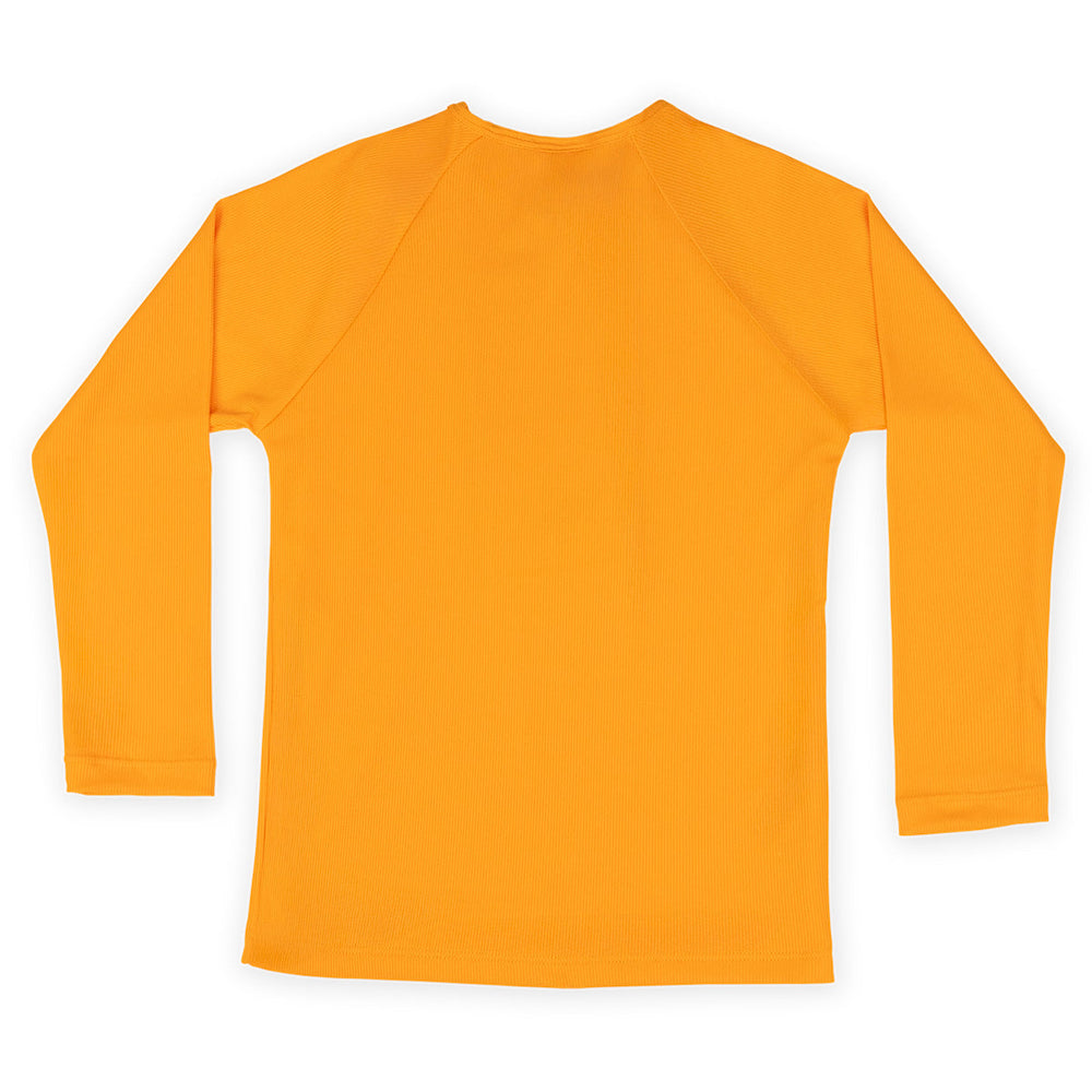 UV protective long sleeve rash top in neon orange. Back.
