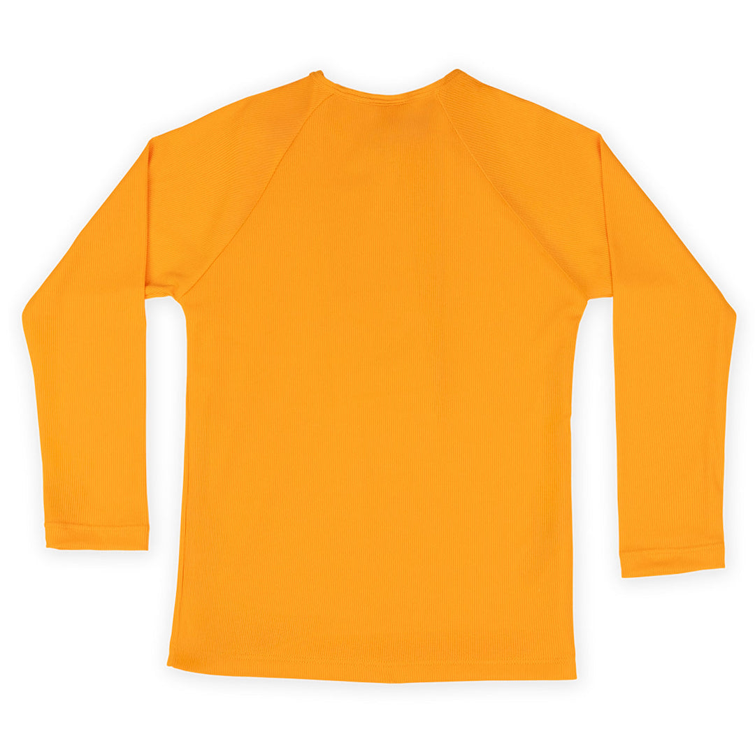 UV protective long sleeve rash top in neon orange. Back.
