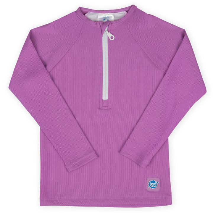 UV protective long sleeve rash top in lilac. Front.