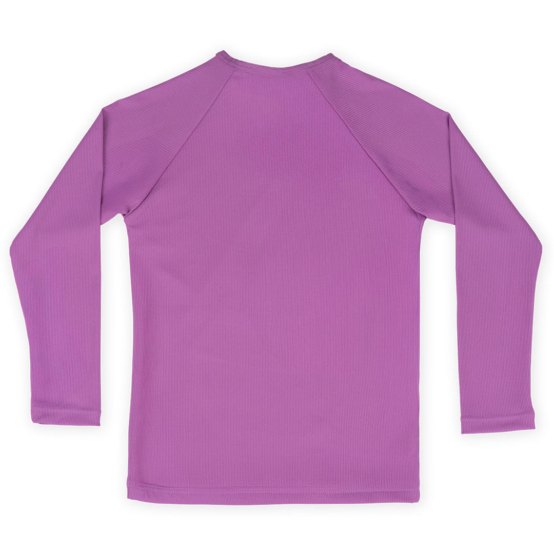 UV protective long sleeve rash top in lilac. Back.