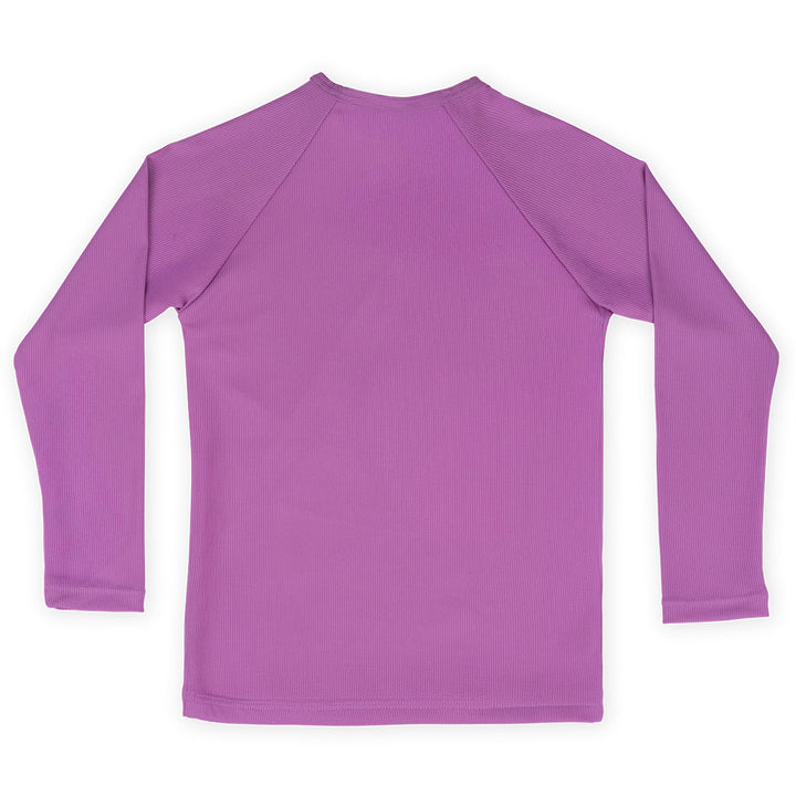 UV protective long sleeve rash top in lilac. Back.