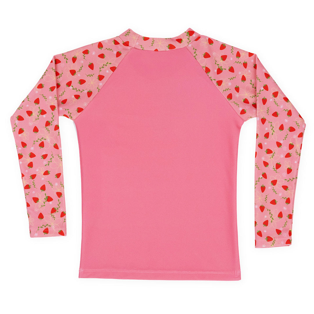 UV protective long sleeve rash top in pink, and strawberries themed print on the chest and sleeves. Back.