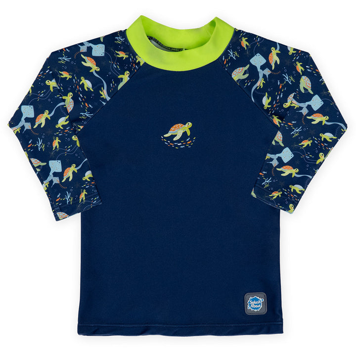 UV protective long sleeve rash top in navy, featuring bright green neckline and crocodiles and frogs themed print on the chest and sleeves. Front.
