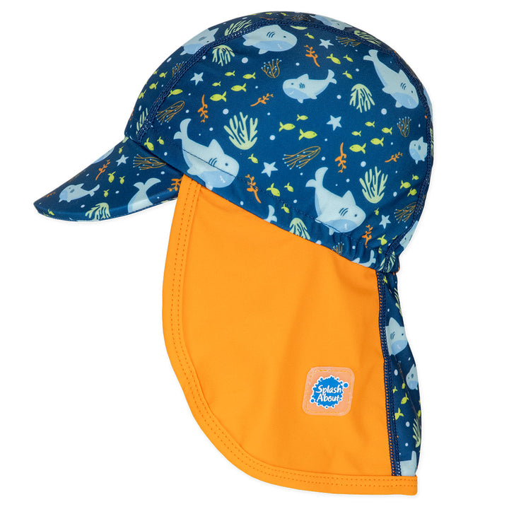 Legionnaire style sun hat in navy and orange, with sharks themed print panel. Side.