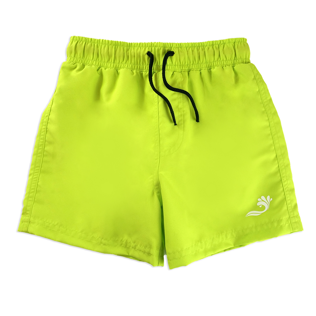 Lime green swim shorts for boys, front.