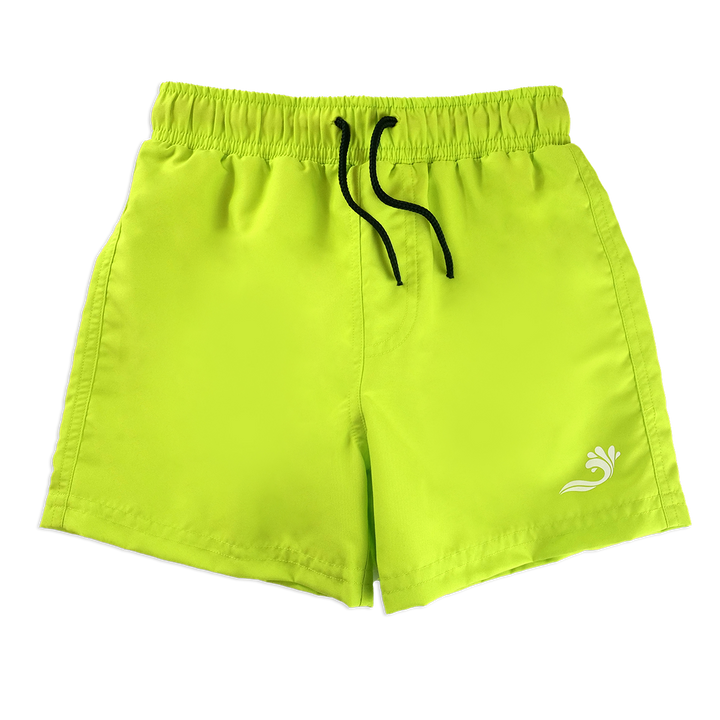 Lime green swim shorts for boys, front.