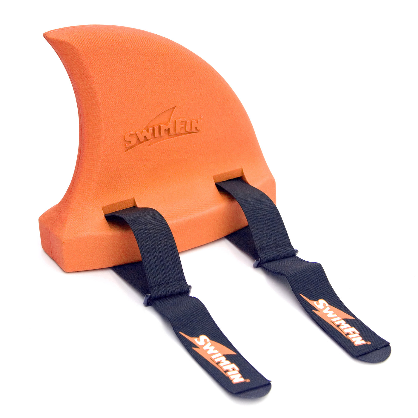 SwimFin in orange, the Shark Fin for Children learning to swim, a safety swimming aid and flotation device.