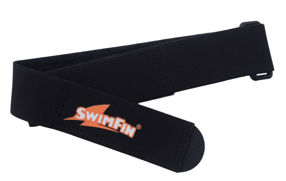 A black adjustable swim belt with an orange and white SwimFin logo, displayed on a clean white background.