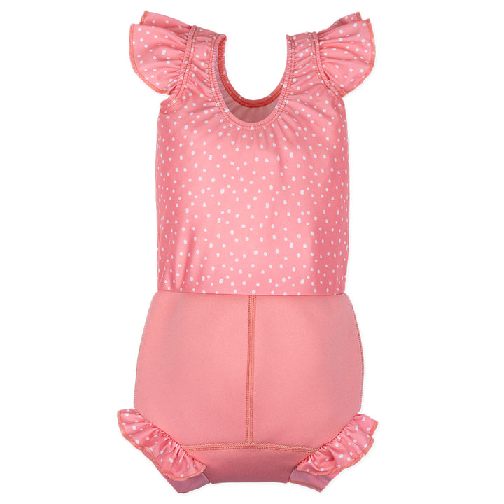 Happy Nappy Costume in pink and white dots, featuring frills in arms and legs. Back.
