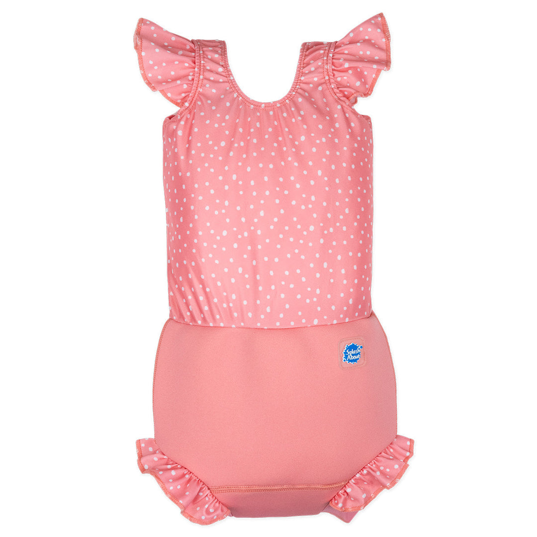 Happy Nappy Costume in pink and white dots, featuring frills in arms and legs. Front.