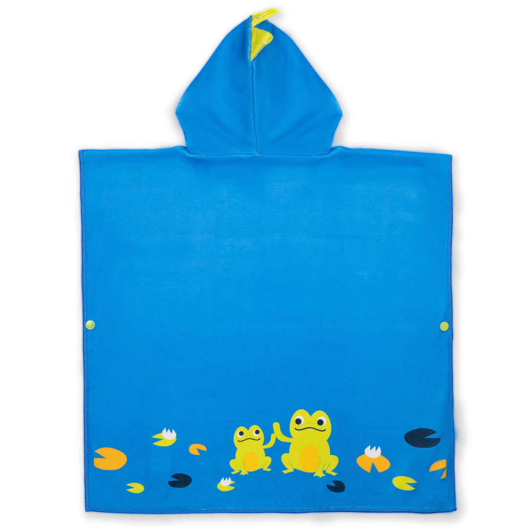 Flat lay image of poncho towel in blue with crocodiles and frogs themed print. Back.