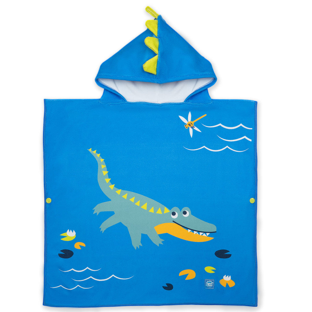 Flat lay image of poncho towel in blue with crocodiles and frogs themed print. Front.