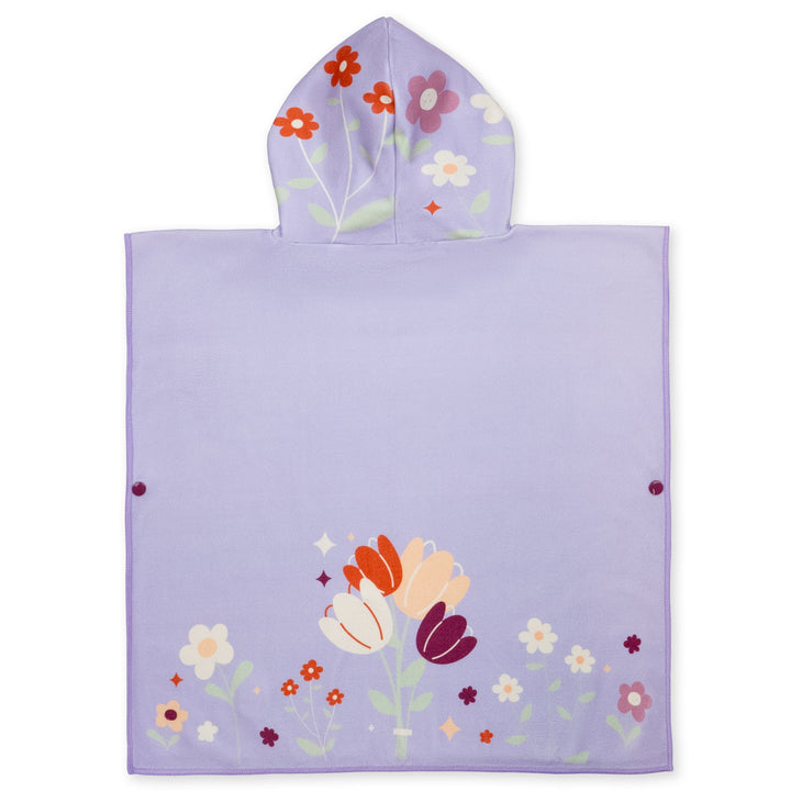 Flat lay image of poncho towel in lilac with floral themed print. Back.