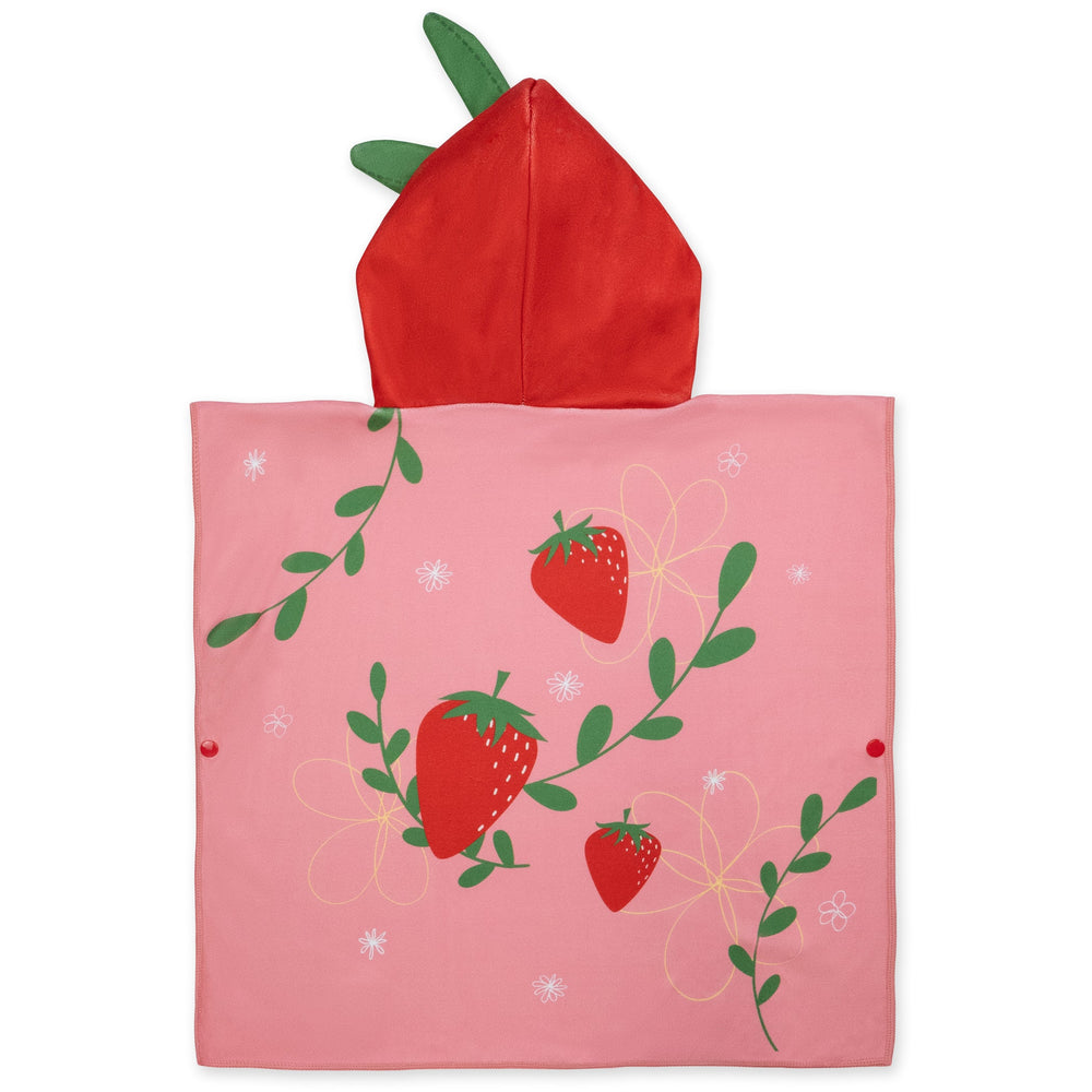 Flat lay image of poncho towel in pink and red with strawberries themed print. Back.