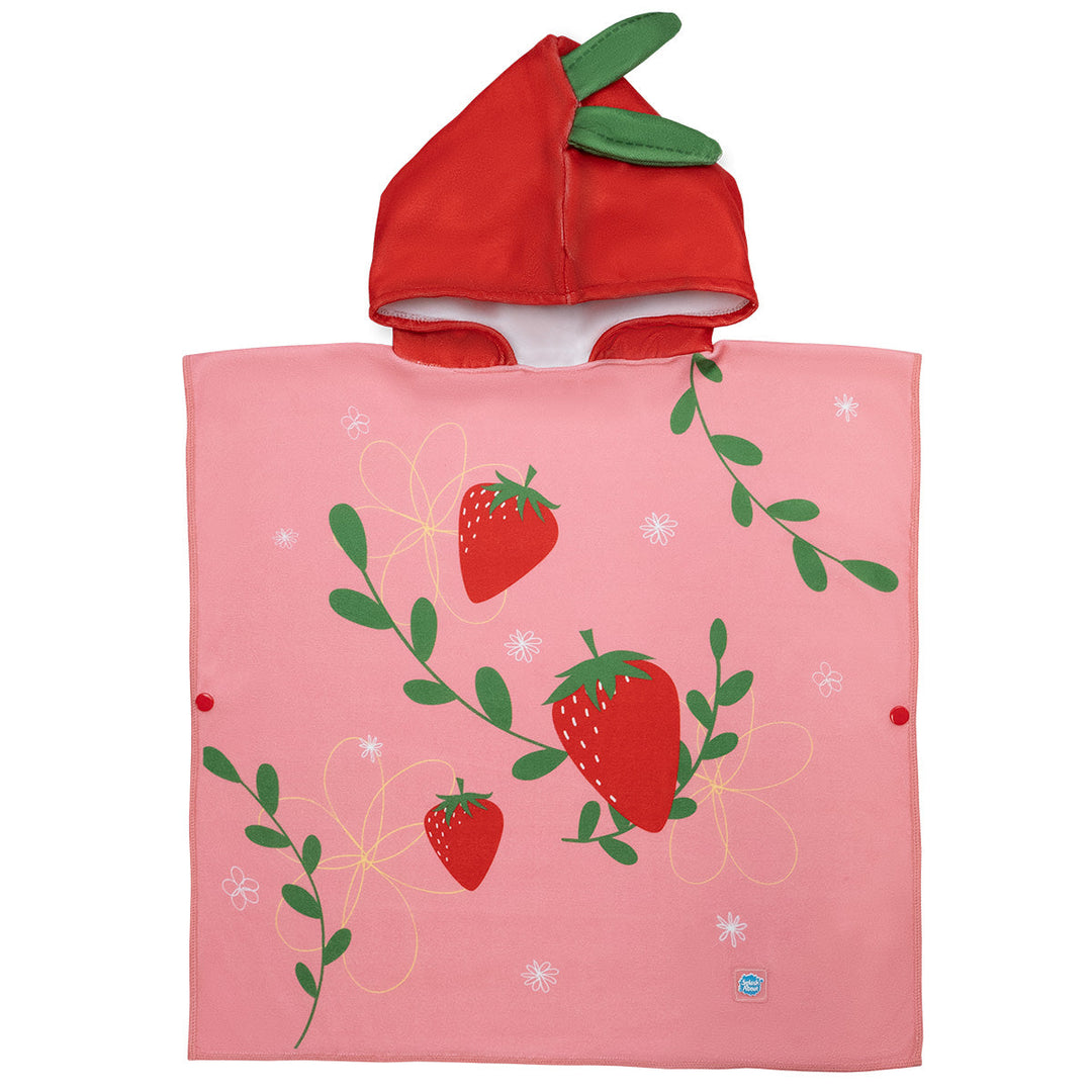 Flat lay image of poncho towel in pink and red with strawberries themed print. Front.
