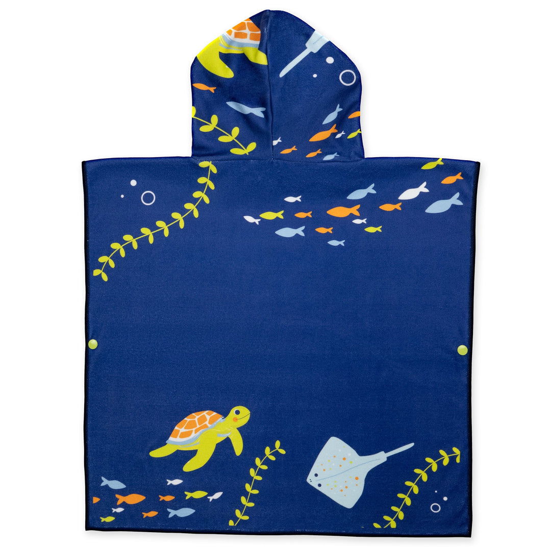Flat lay image of poncho towel in navy with turtles and sea creatures themed print. Back.