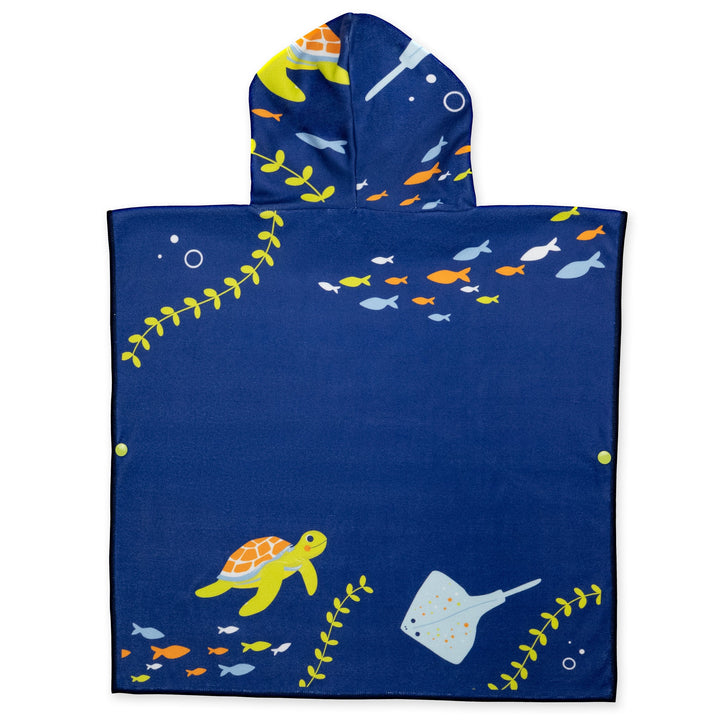 Flat lay image of poncho towel in navy with turtles and sea creatures themed print. Back.
