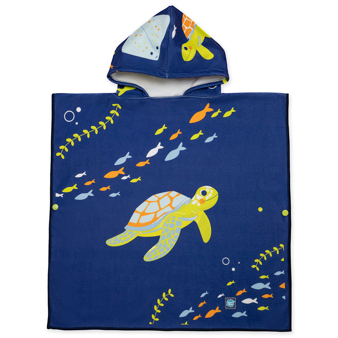 Flat lay image of poncho towel in navy with turtles and sea creatures themed print. Front.