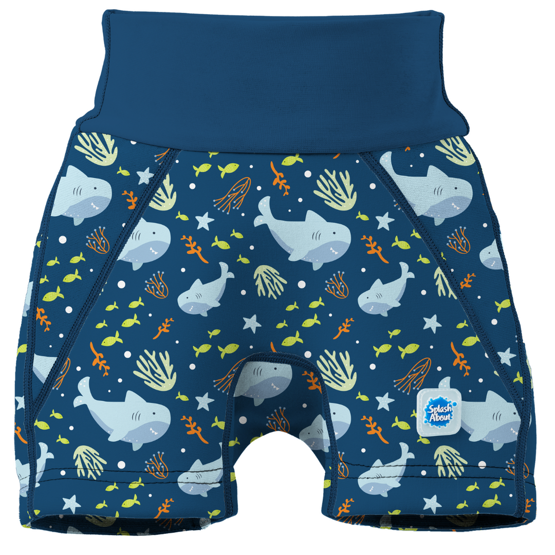 Neoprene swim shorts in navy and shraks themed print. Front.