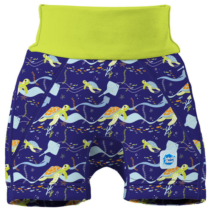 Neoprene swim shorts in navy and turtles and mantrays themed print. Front.