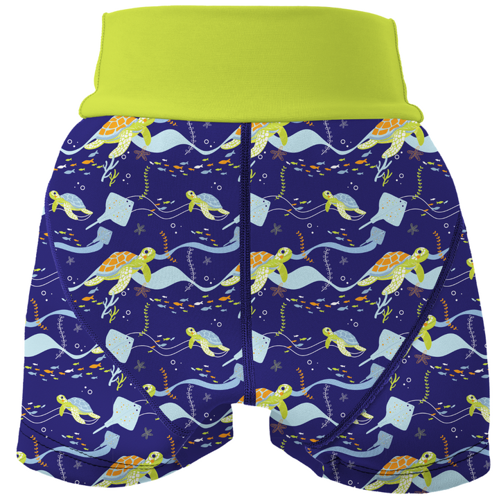 Neoprene swim shorts in navy and turtles and mantrays themed print. Back.