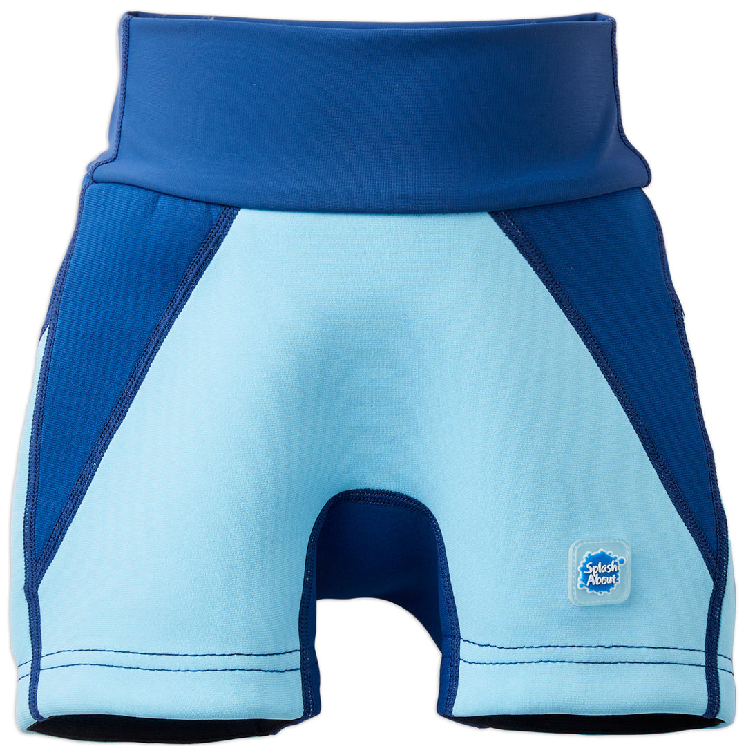 Neoprene swim shorts in blue and navy. Front.