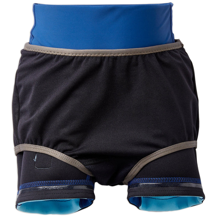Neoprene swim shorts in blue and navy. Inside out.