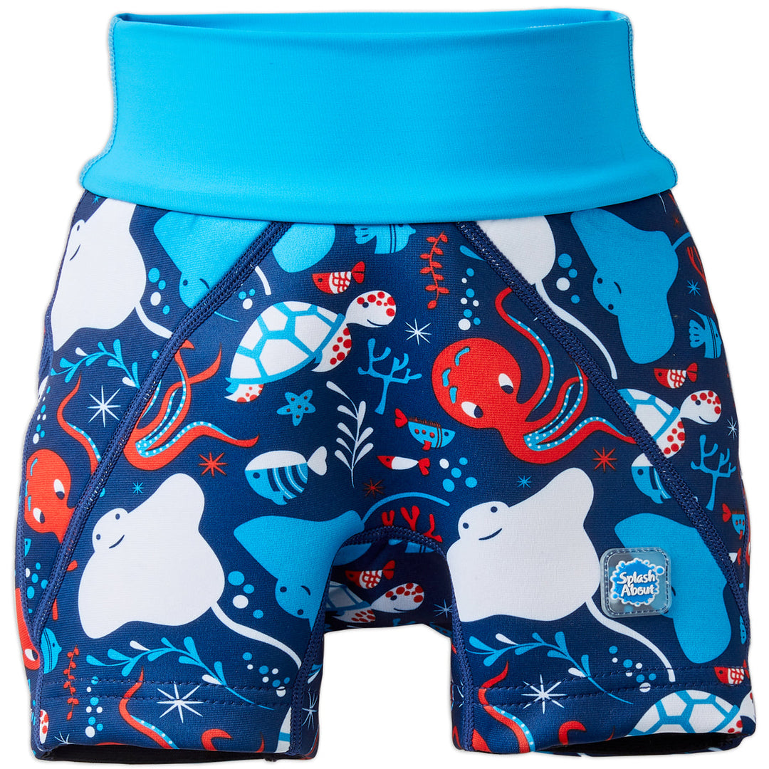 Neoprene swim shorts in navy, blue trims and under the sea themed print. Front.