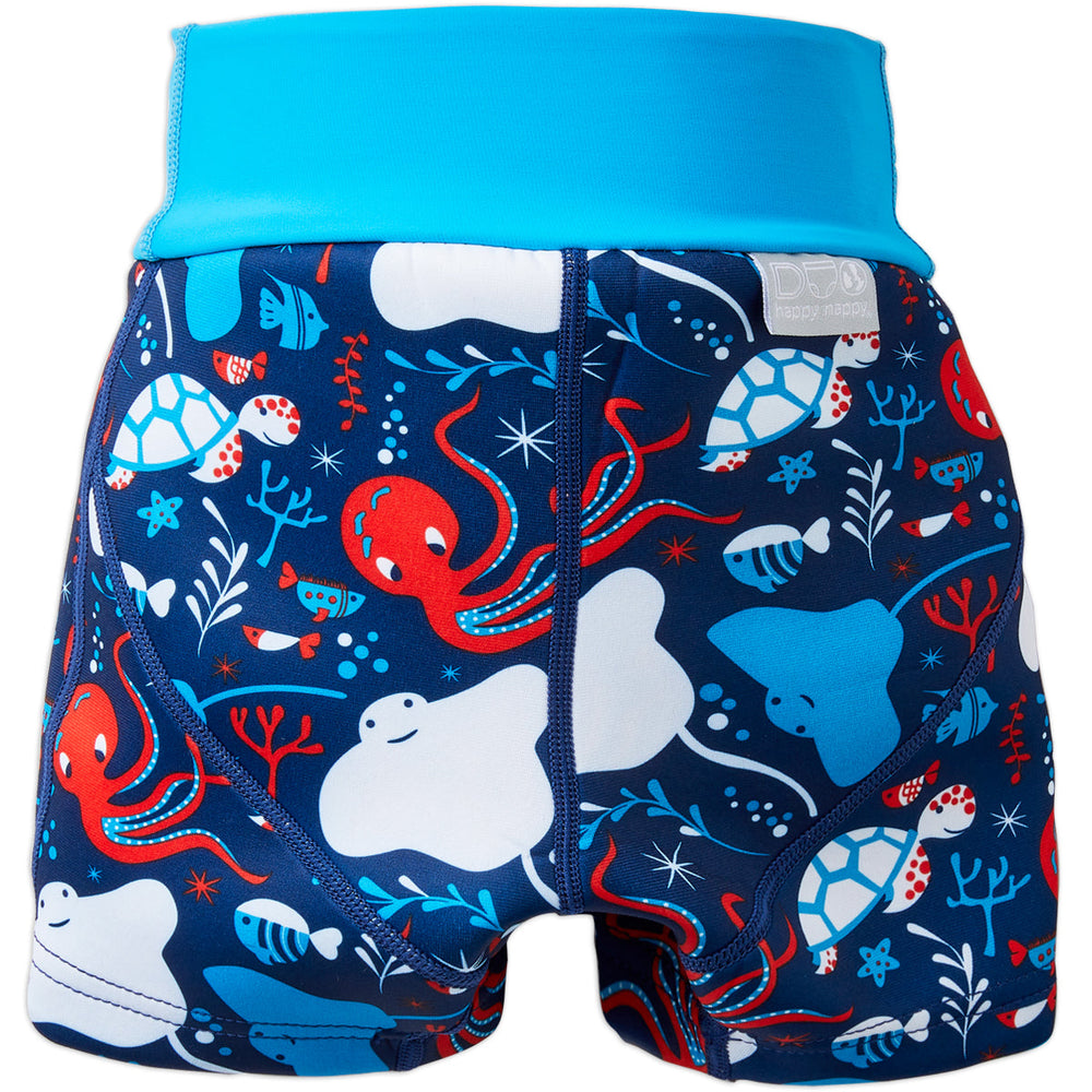 Neoprene swim shorts in navy, blue trims and under the sea themed print. Back.