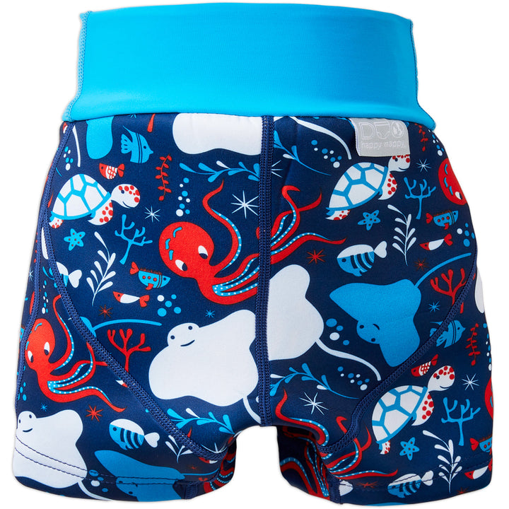 Neoprene swim shorts in navy, blue trims and under the sea themed print. Back.