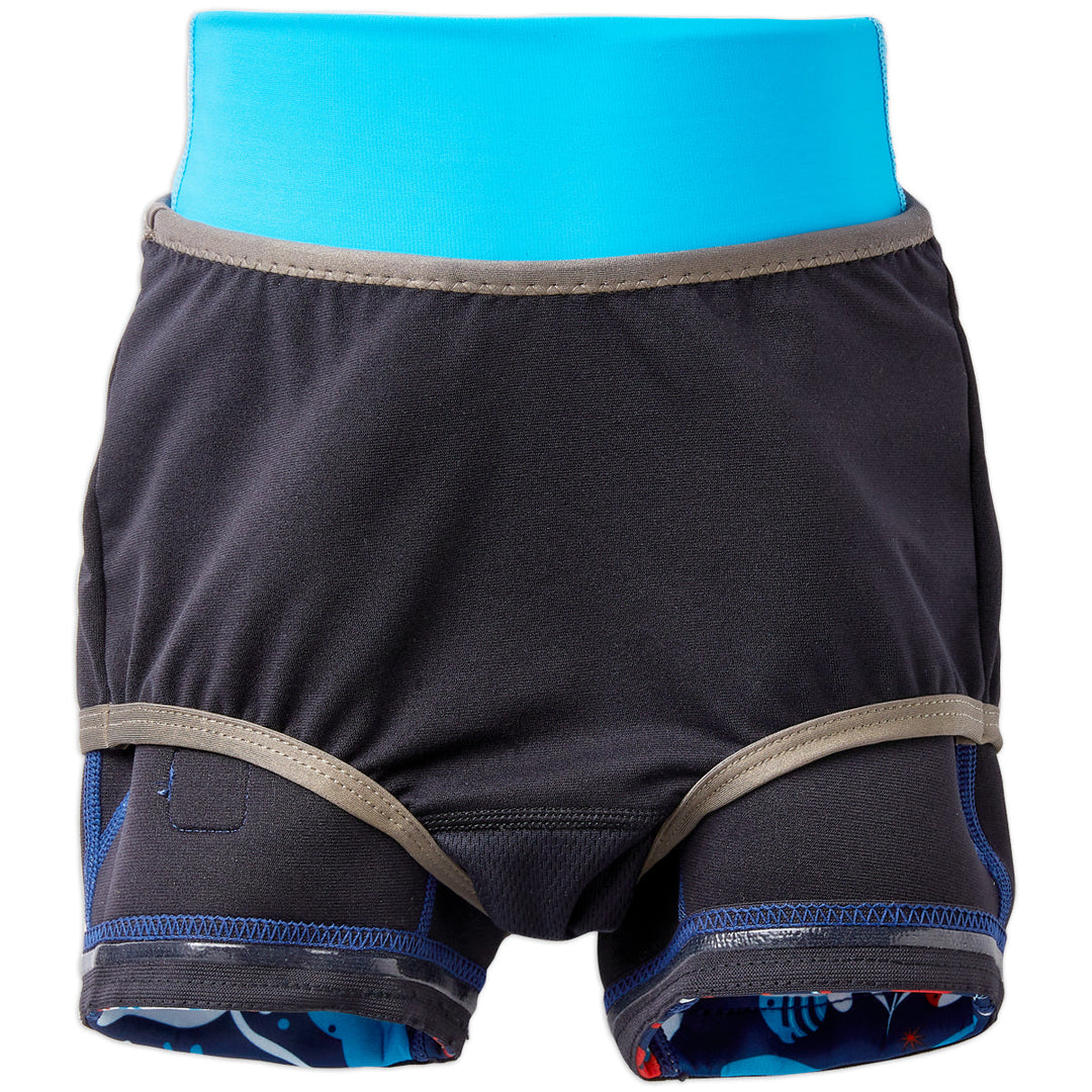 Neoprene swim shorts in navy, blue trims and under the sea themed print. Inside out.
