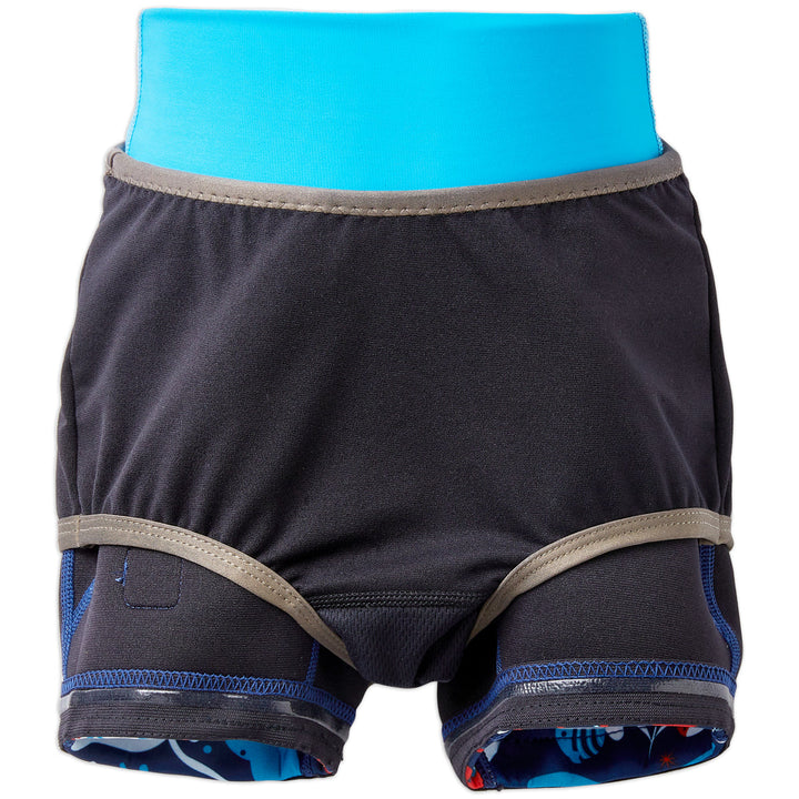 Neoprene swim shorts in navy, blue trims and under the sea themed print. Inside out.