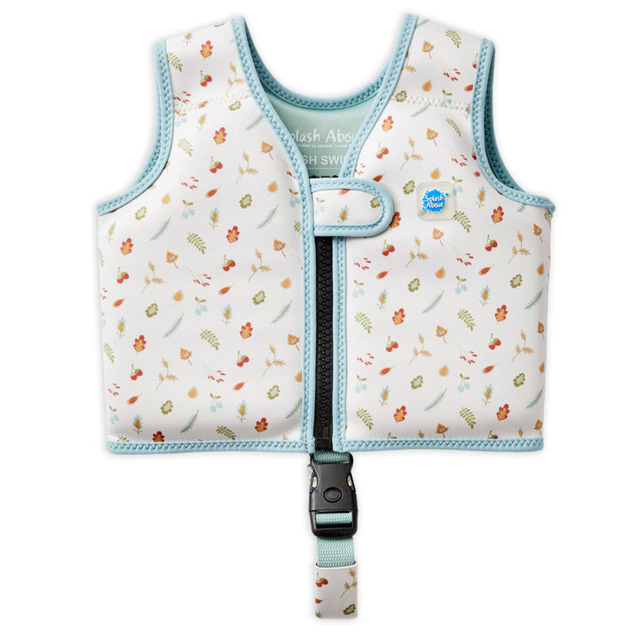 Neoprene swim vest for toddlers with non-removable floats in white, light blue trims, and Autumn themed print. Front.
