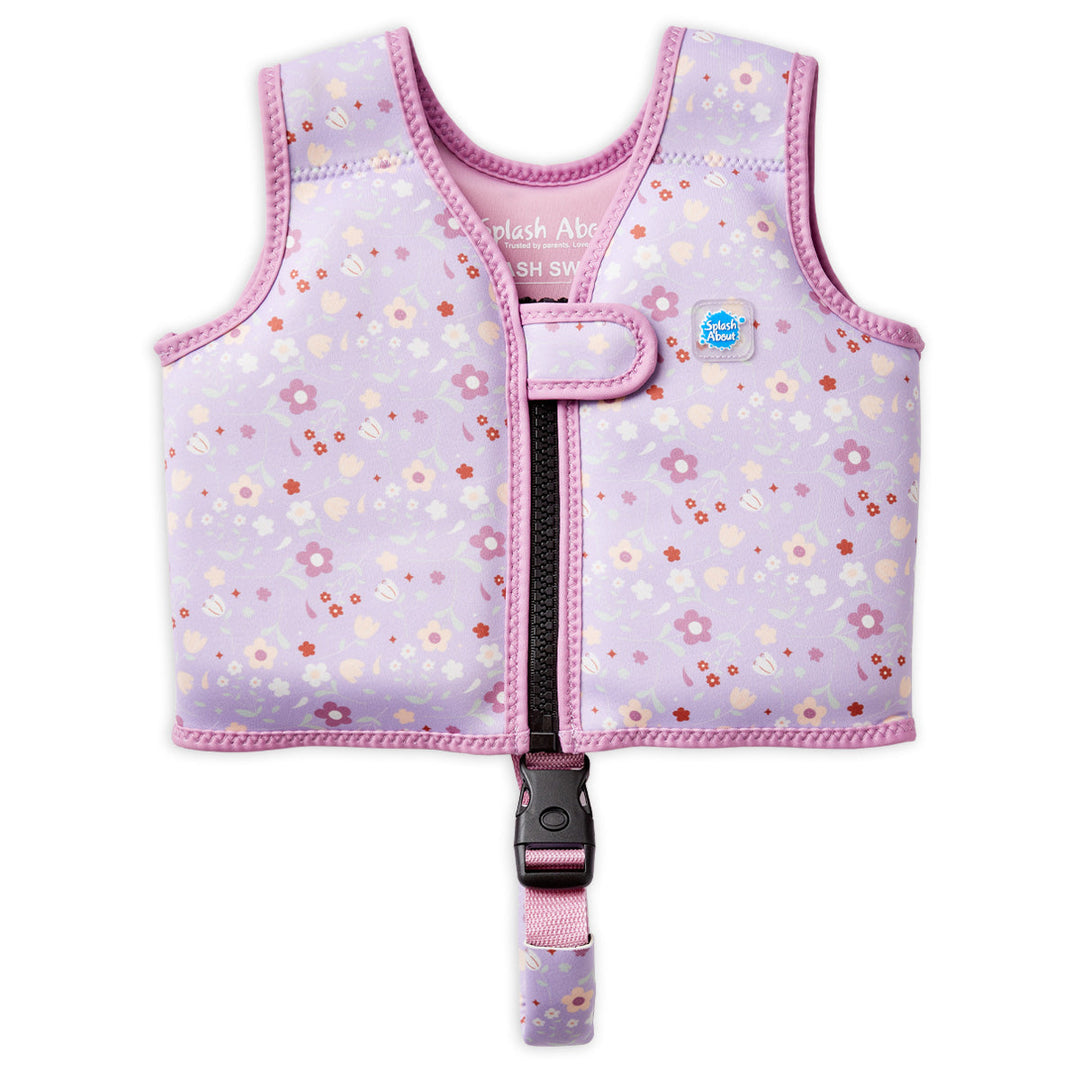Neoprene swim vest for toddlers with non-removable floats in lilac, and floral print. Front.
