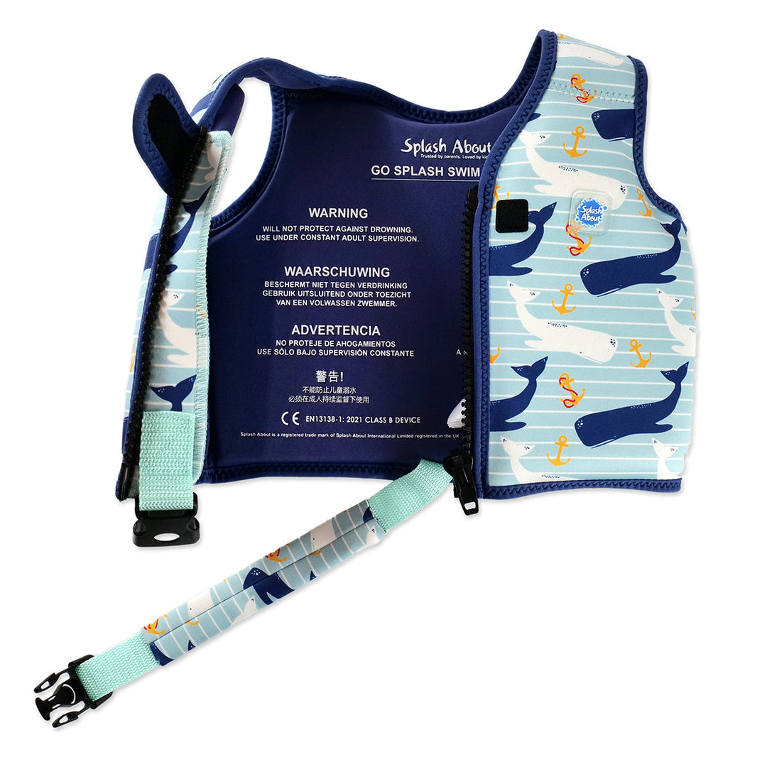 Neoprene swim vest for toddlers with non-removable floats in light blue, navy trims, and whales and anchors themed print. Inside.