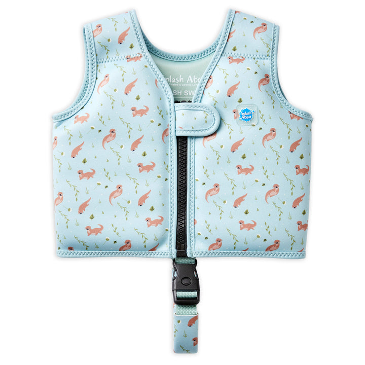 Neoprene swim vest for toddlers with non-removable floats in light blue, navy trims, and otters themed print. Front.