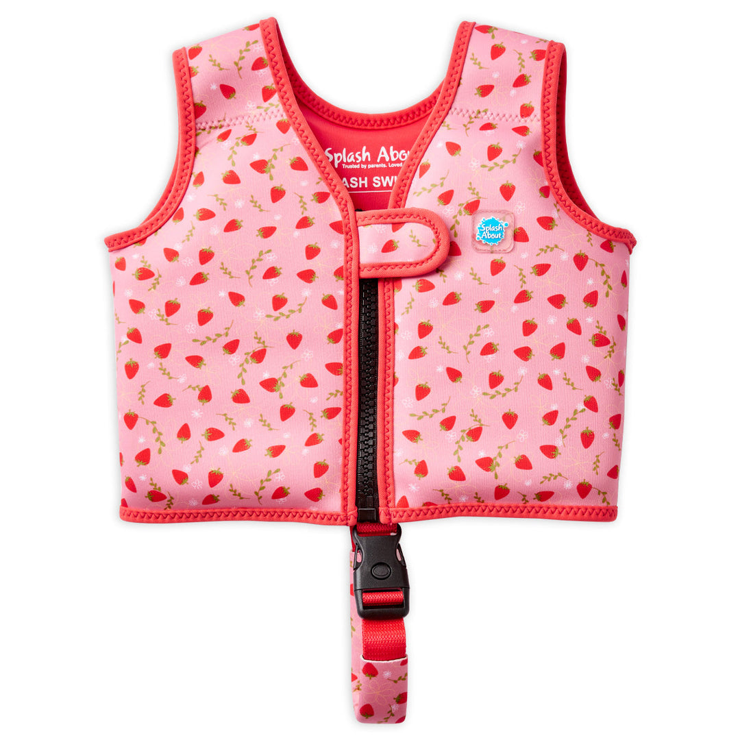 Neoprene swim vest for toddlers with non-removable floats in pink, red trims and strawberries themed print. Front.