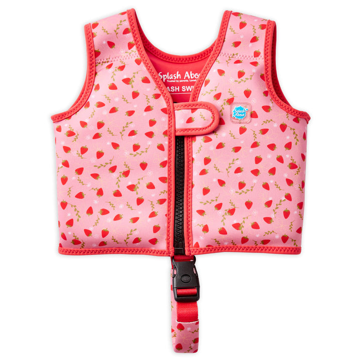 Neoprene swim vest for toddlers with non-removable floats in pink, red trims and strawberries themed print. Front.