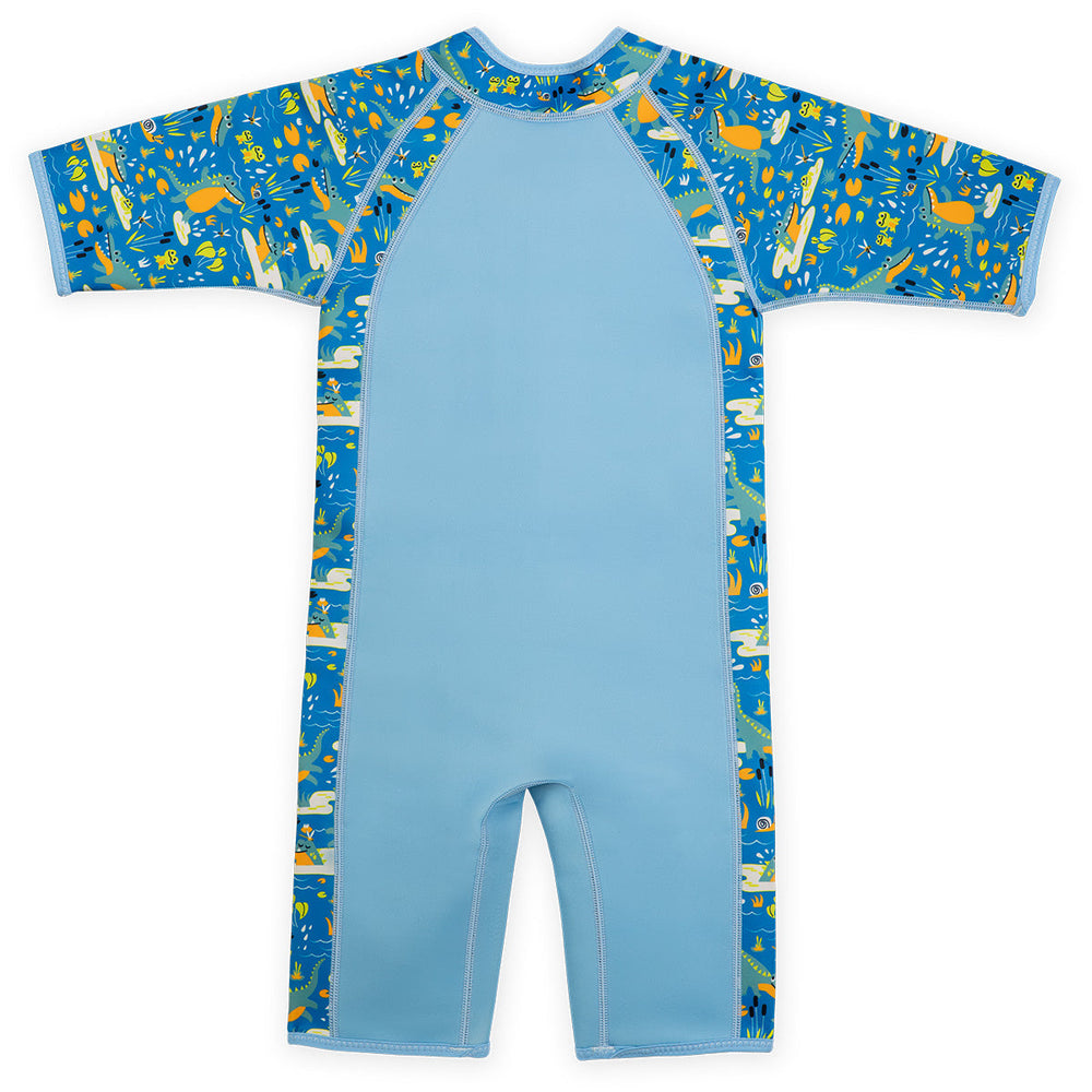 Shorty wetsuit in light blue featuring crocodiles and frogs themed print in sleeves and side panels. Back.