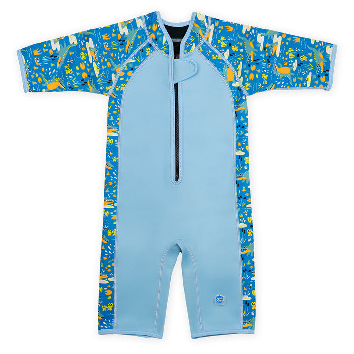 Shorty wetsuit in light blue featuring crocodiles and frogs themed print in sleeves and side panels. Front.