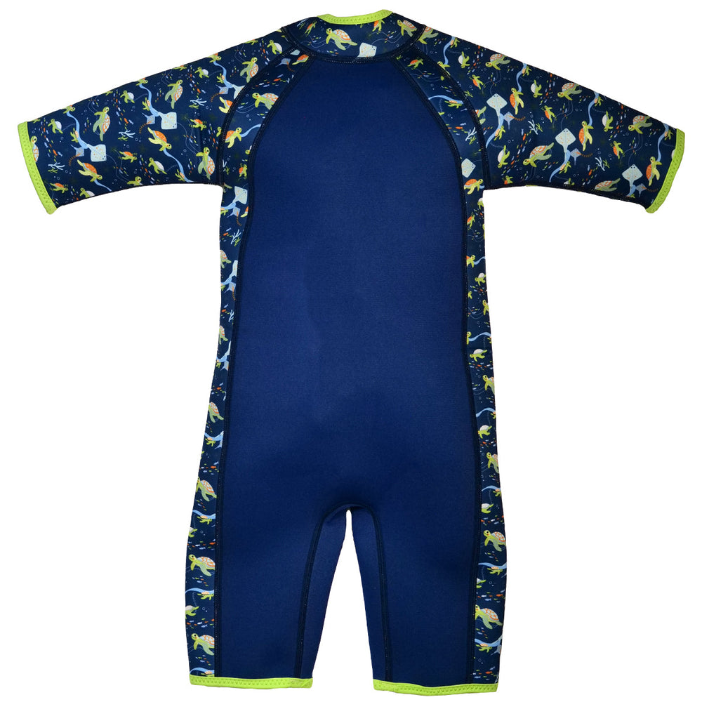 Shorty wetsuit in navy with bright green trims, featuring turtles and mantarays themed print in sleeves and side panels. Back.