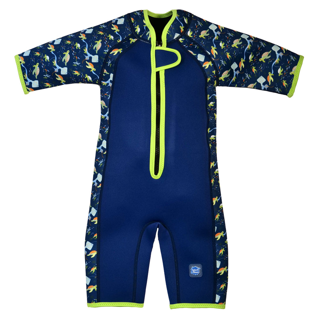 Shorty wetsuit in navy with bright green trims, featuring turtles and mantarays themed print in sleeves and side panels. Front.