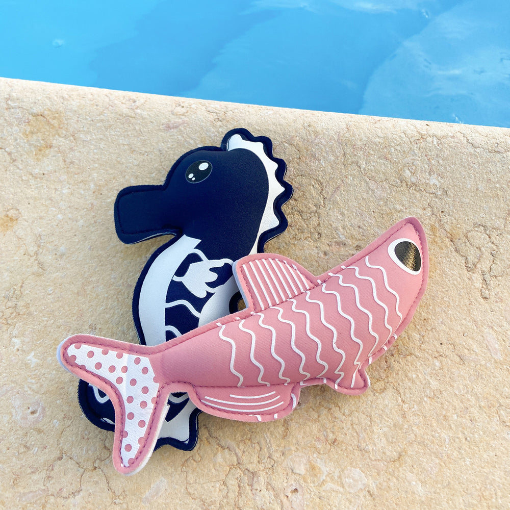 Sardine and seahorse themed neoprene toys, poolside