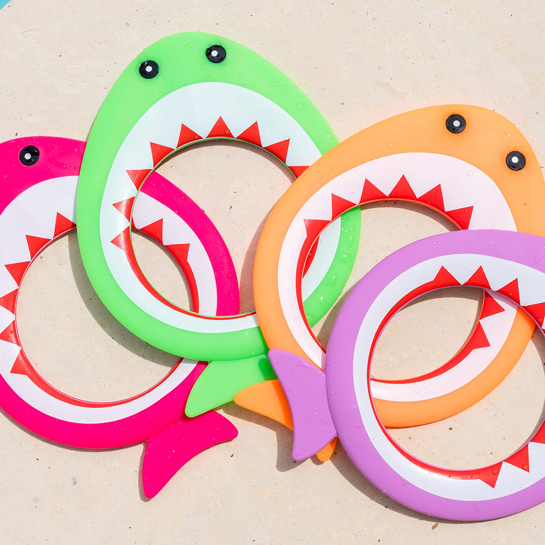 Flat lay image of four available shark dive rings