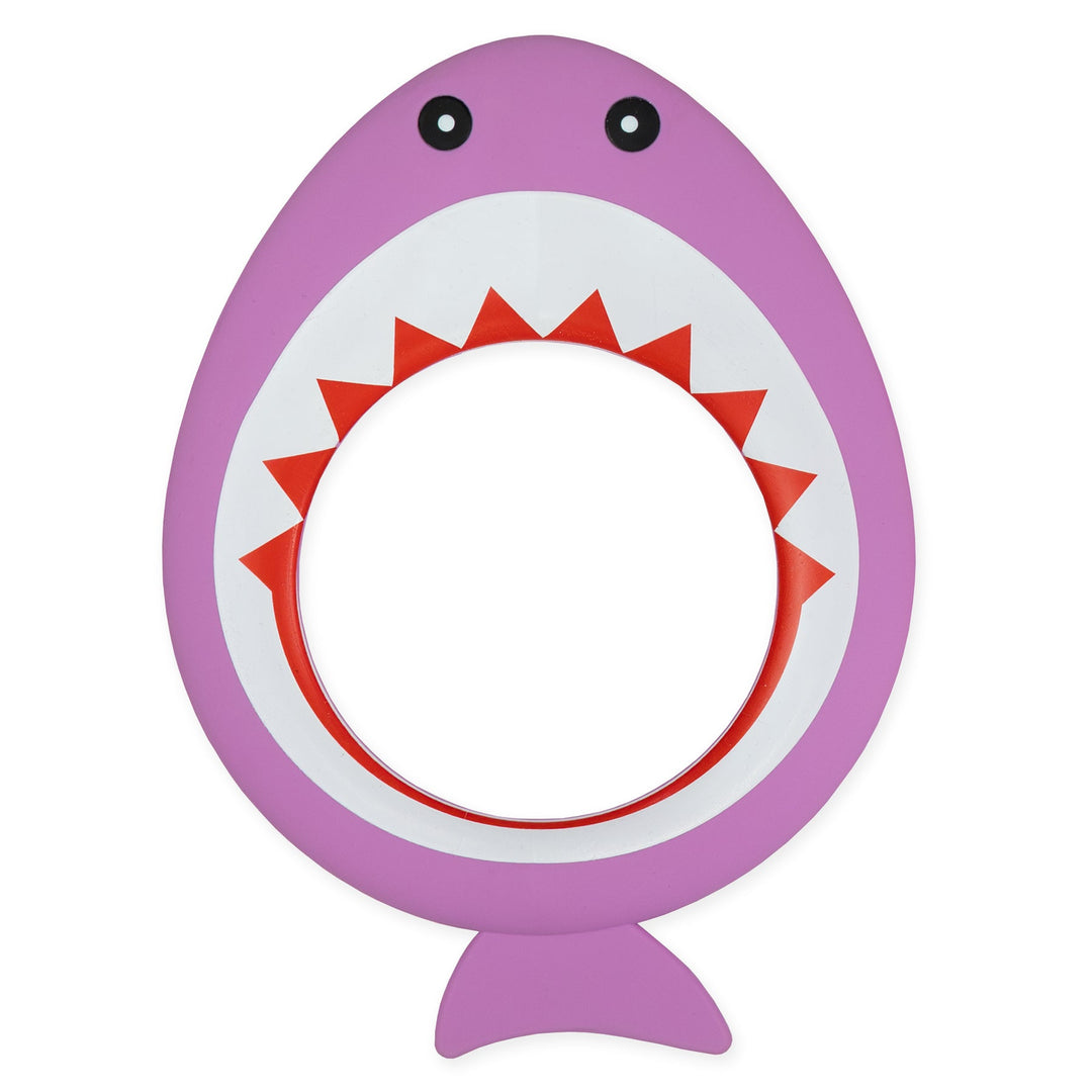 Flat lay image of purple shark dive ring
